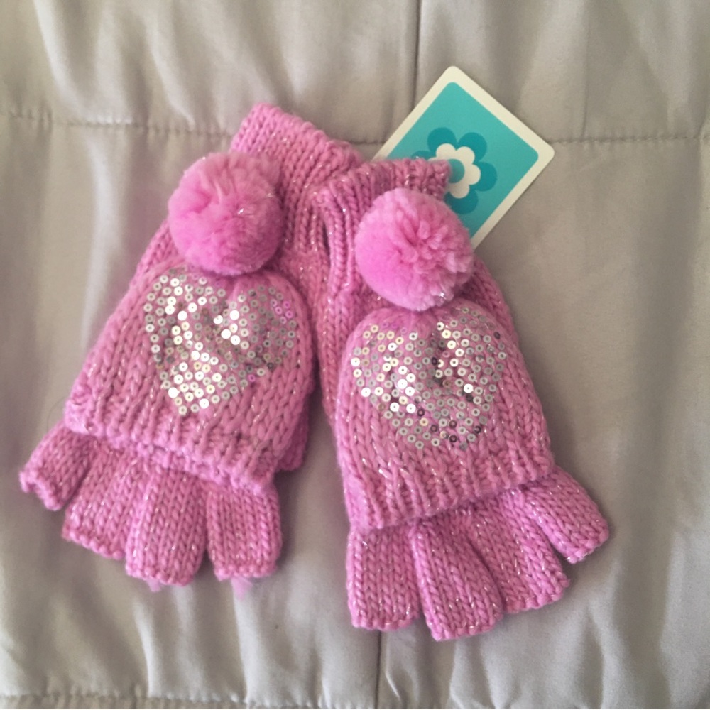 Pink Heart Sequins girls Fingerless mittens